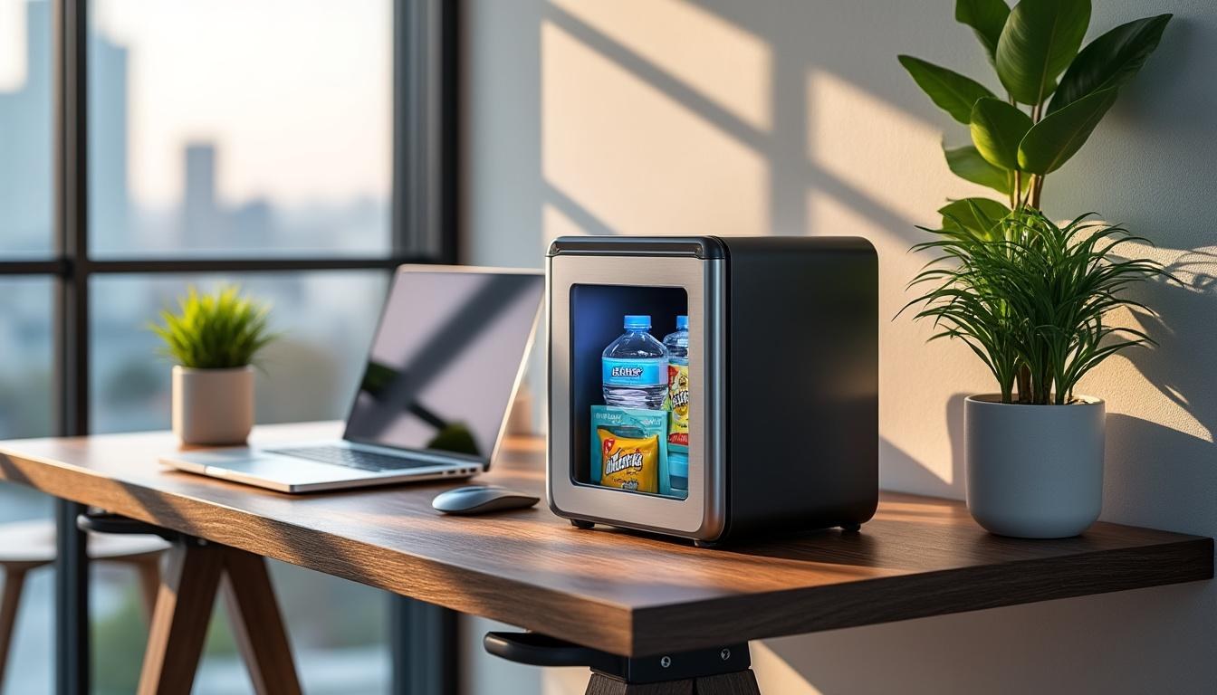 descubre el mini frigorífico portátil perfecto para tu oficina, diseñado para mantener tus bebidas y snacks frescos durante toda la jornada laboral. la solución ideal para un ambiente de trabajo cómodo y práctico.