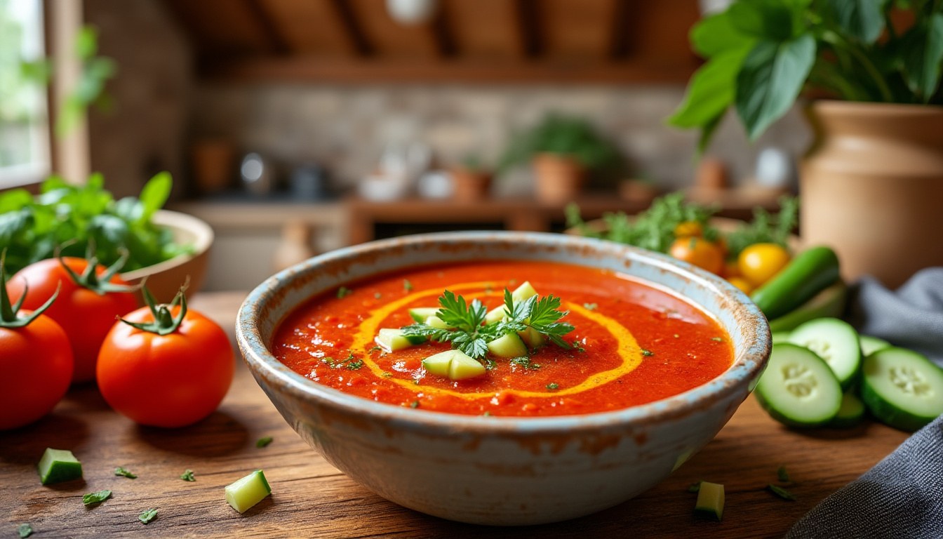 descubre la receta tradicional del gazpacho andaluz, una sopa fría refrescante y saludable perfecta para el verano, con ingredientes frescos y naturales.