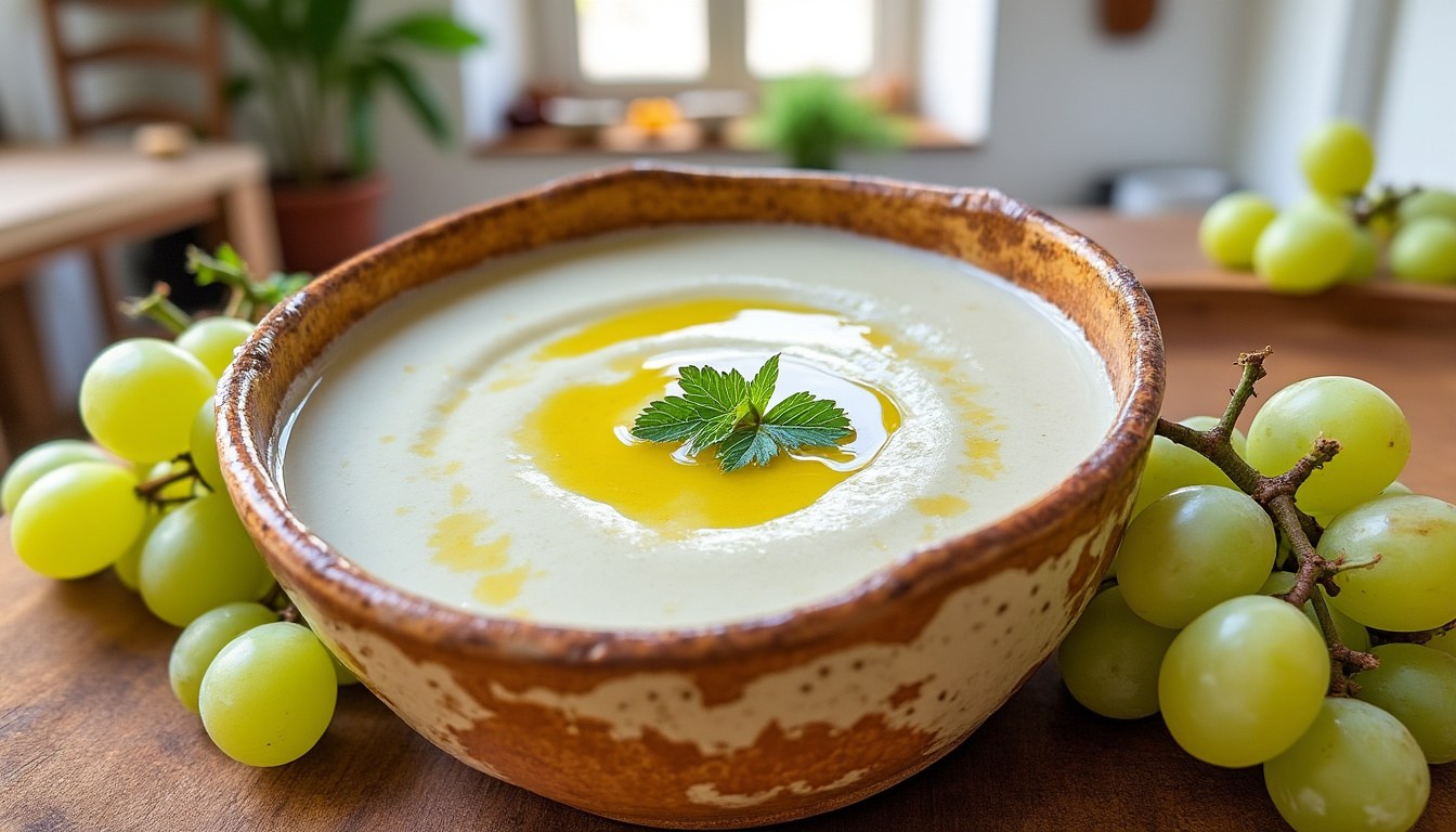 descubre la receta tradicional andaluza del ajoblanco, una sopa fría deliciosa y refrescante perfecta para el verano, hecha con almendras, ajo y pan.